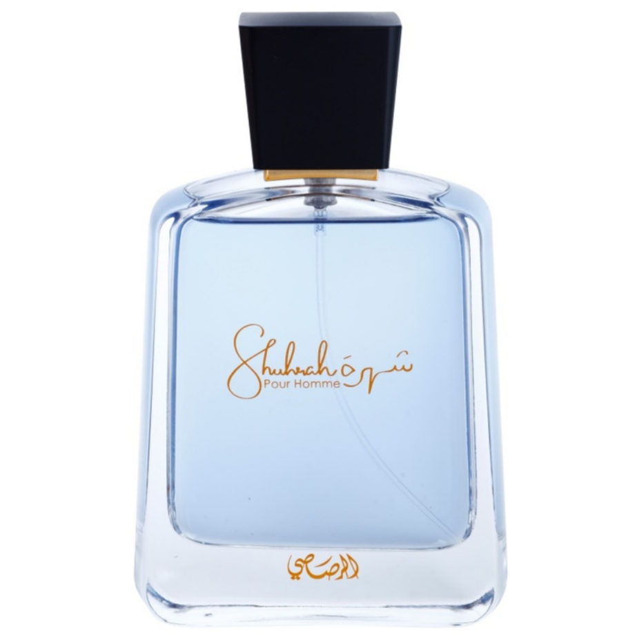 Rasasi Shuhrah Pour Homme EDP 90ML with velvet pouch, featuring the sleek perfume bottle and luxurious packaging.