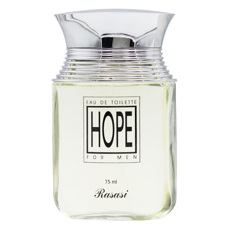 Hope for Men Eau De Parfum by Rasasi in 75ml bottle with velvet pouch, featuring a sleek design and masculine fragrance.