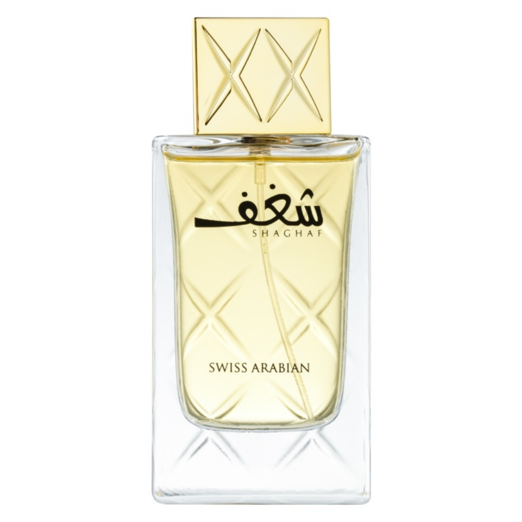 Swiss Arabian Shaghaf Women EDP 75ml perfume bottle with velvet pouch, showcasing elegant packaging and floral fragrance design.
