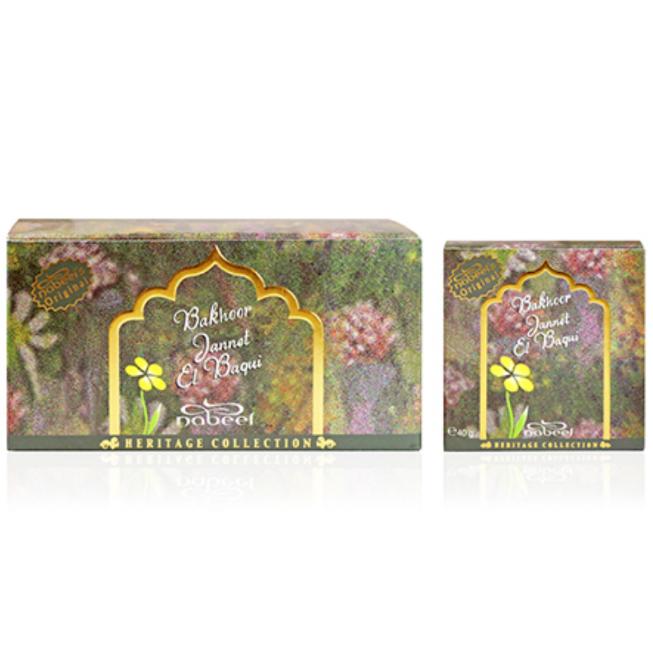 Nabeel Perfumes Bakhoor Jannet El Baqui 40 GMS, aromatic traditional incense with decorative packaging.