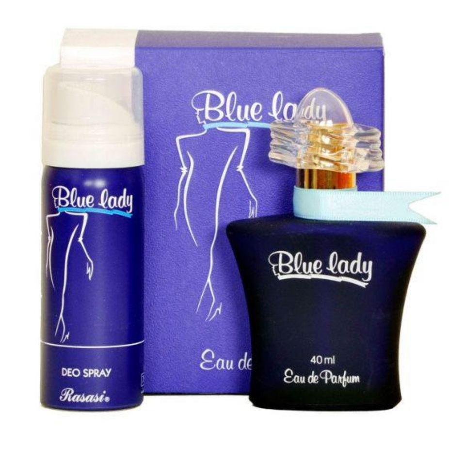 Bundle of Rasasi Blue Lady with Deo EDP in 40ML, featuring a blue perfume bottle and matching deodorant spray.