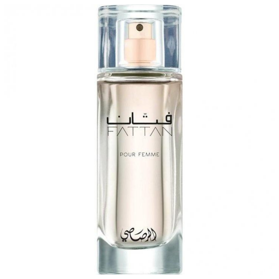 Rasasi Fattan for Women EDP 50ml perfume bottle with a luxurious velvet pouch, showcasing elegant packaging and floral design.