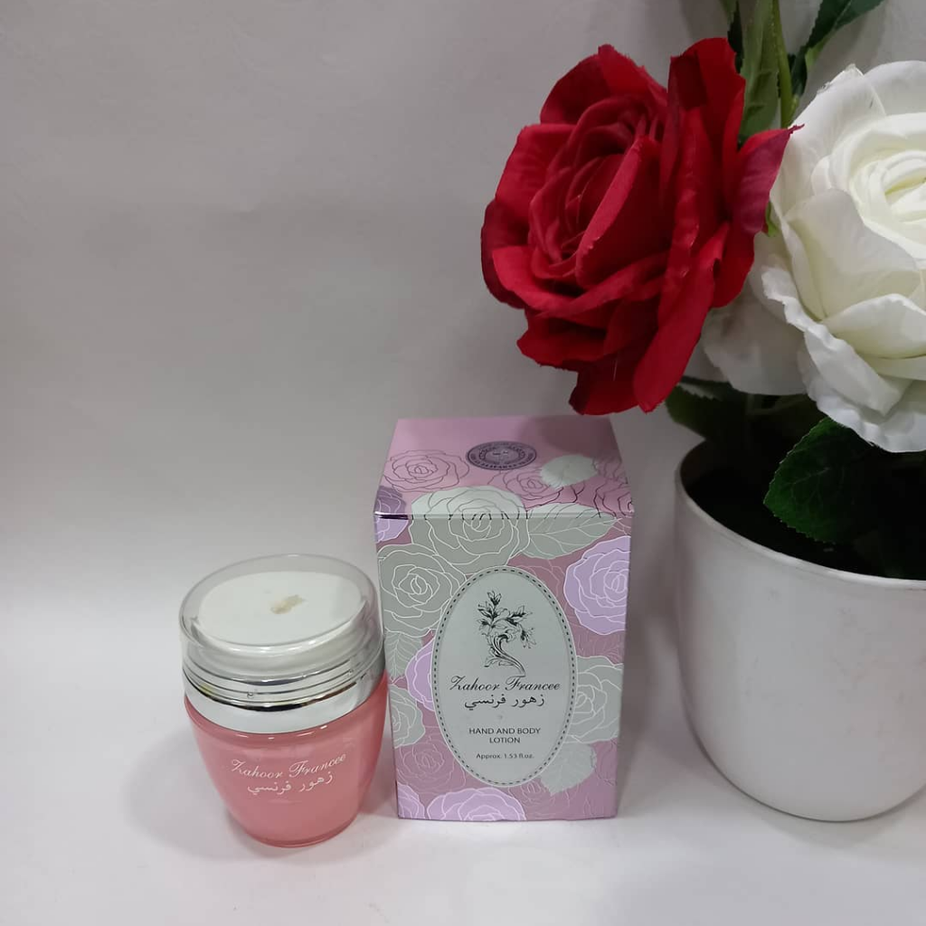Ard Al Zaafaran Zahoor Francee Lotion 30GMS (1oz) in a small bottle, featuring elegant packaging and a smooth lotion texture.
