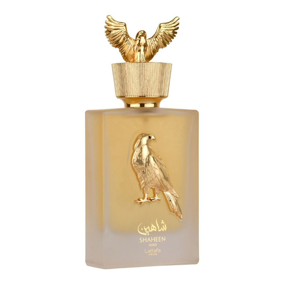 Lattafa Pride Shaheen Gold Eau de Parfum spray 100ml bottle with gold accents and elegant design.