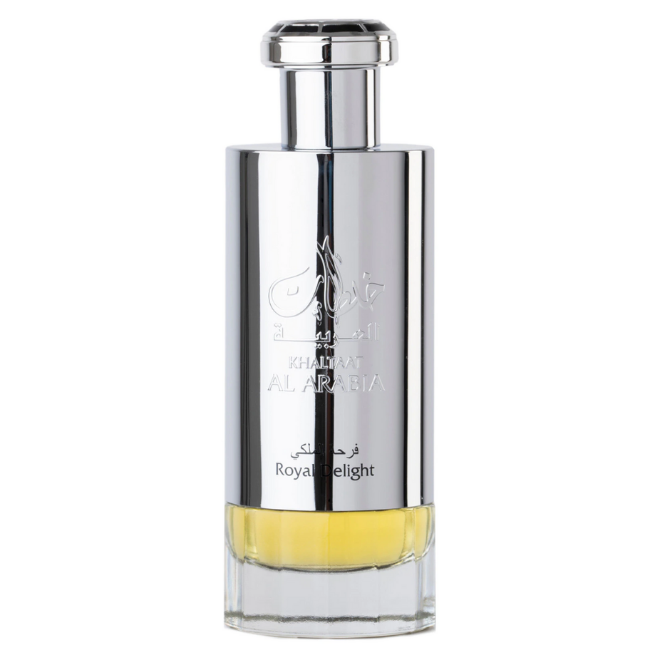 Lattafa Khaltaat Al Arabia Royal Delight EDP in 100ml bottle with a luxurious velvet pouch, elegant fragrance packaging.