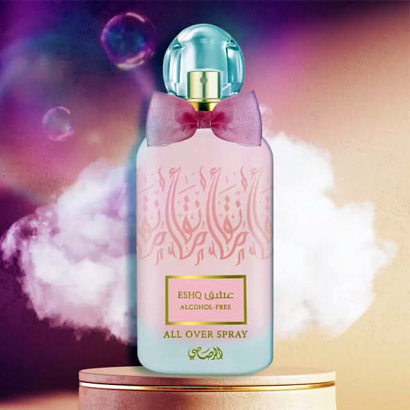 Eshq alcohol-free all-over spray by Rasasi, 100ml Eau de Parfum with floral and woody notes, displayed in a sleek bottle.