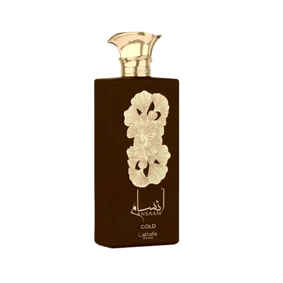 Lattafa Ansaam Gold & Silver Eau De Parfum 100ml bottle featuring elegant gold and silver packaging, luxurious fragrance presentation