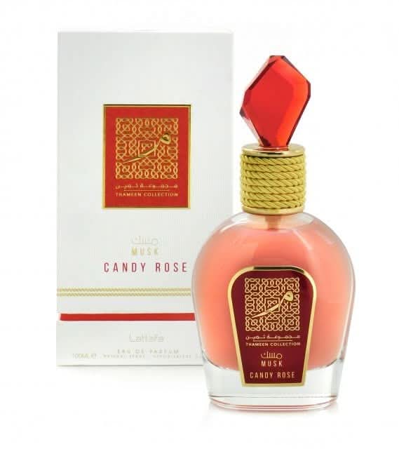 Lattafa Candy Rose Thameen Collection Musk unisex 100ml Eau De Parfum bottle with elegant design and floral scent.