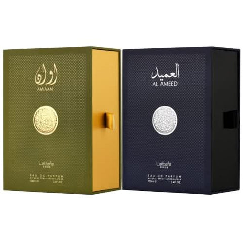 Lattafa Pride Awaan & Al Ameed EDP unisex perfume bottle, 100ml, with elegant packaging and sleek design.