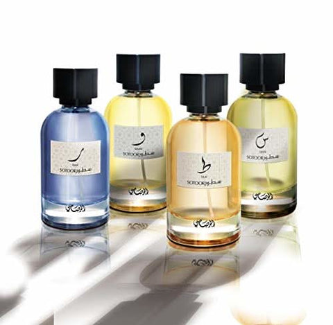 Rasasi Sotoor Waaw Seen Taa Raa perfume bundle featuring multiple fragrance bottles from the Sotoor Series by Rasasi.