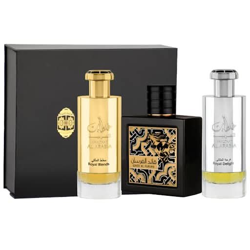 Lattafa Qaed Al Fursan Khaltat Al Arabia Royal Delight EDP 100ml in elegant magnetic box, showcasing the perfume bottle.
