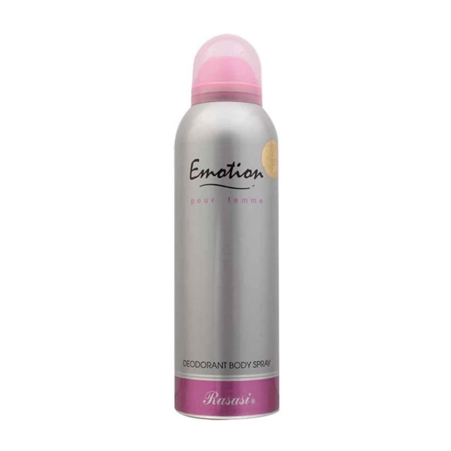 Rasasi Emotion For Women perfume bundle with 50ml EDP and 200ml deodorant spray, featuring elegant packaging and floral design