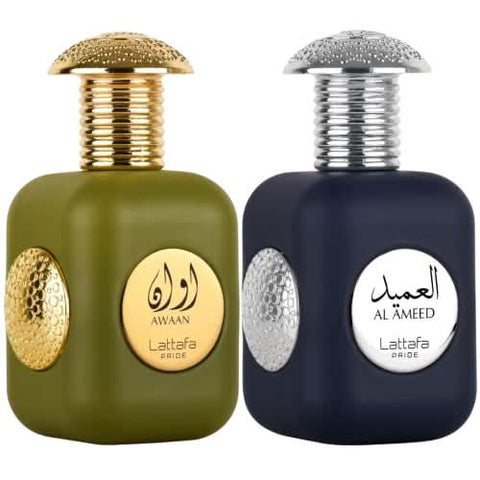 Awaan & Al Ameed Lattafa Pride unisex EDP perfume bottle, 100ml, with elegant packaging and fragrance details visible.