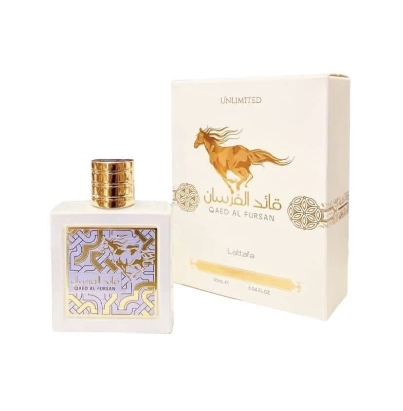 Qaed Al Fursan & Qaed Al Fursan Unlimited Eau De Parfum bottles by Lattafa, 90ml, with elegant packaging and fragrance details