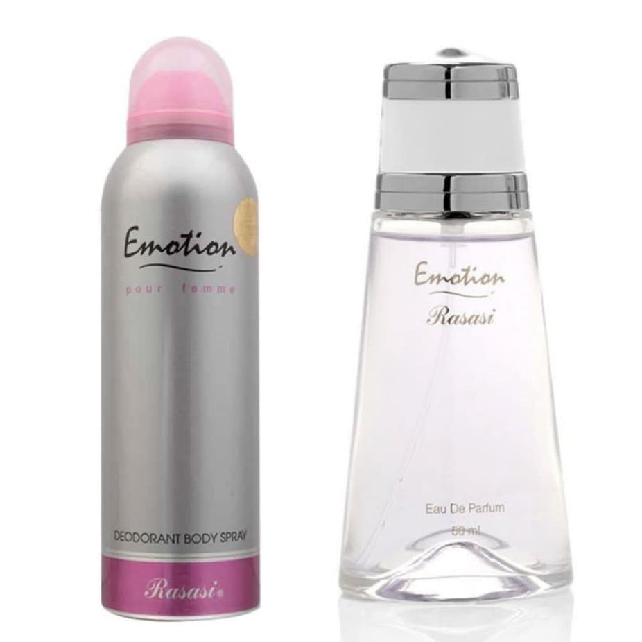 Rasasi Emotion for Women perfume EDP and deodorant bundle, 50ml and 200ml bottles, featuring floral and fruity scent profiles.