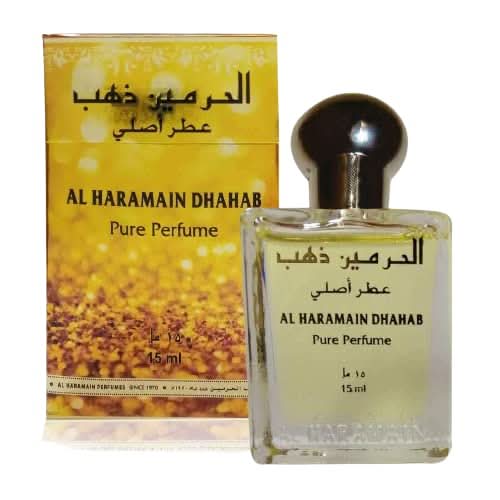 Al Haramain Dhahab perfume oil in 15ml bottle, concentrated perfume oil by Al Haramain with elegant packaging and golden accents.
