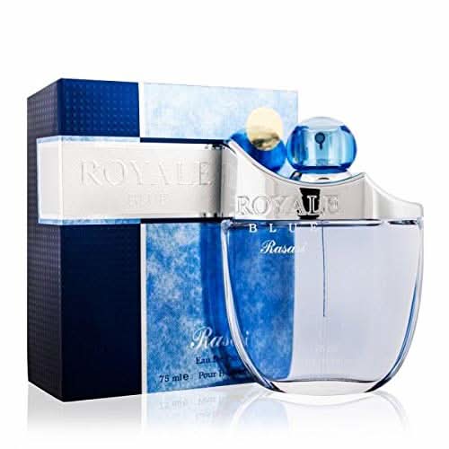 Rasasi Royale Blue for Men perfume EDP and deodorant bundle, showing 75ml and 200ml bottles in a sleek packaging design.