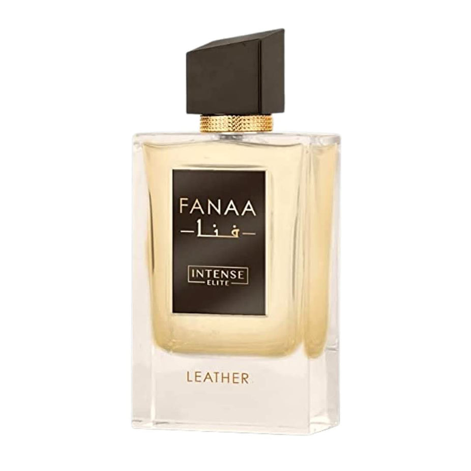 Intense Elite FANAA Leather Men EDP 100 ML perfume in a velvet pouch, showcasing the sleek bottle and elegant packaging.