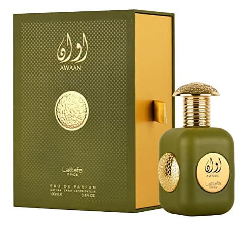 Lattafa Pride Awaan & Al Ameed EDP unisex perfume bottle, 100ml, with elegant packaging visible.