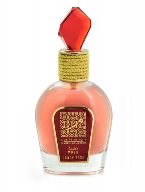 Lattafa Candy Rose Thameen Collection Musk unisex Eau De Parfum 100ml bottle with elegant packaging.