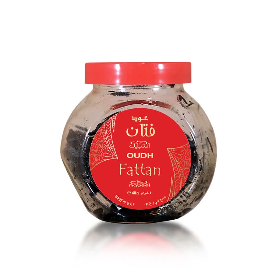 Bakhoor Oudh Fattan by Nabeel Perfumes in 40GMS bottle with pouch, featuring rich oud and fragrant aroma for traditional incense use.