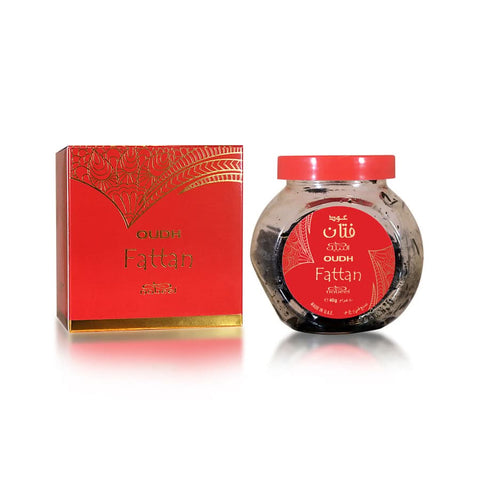 Bakhoor Oudh Fattan by Nabeel Perfumes in a 40GMS box with pouch, featuring traditional oud incense and elegant packaging.