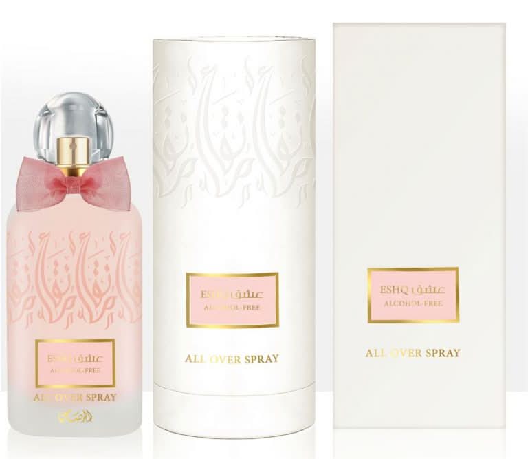 Eshq Alcohol-Free All Over Spray by Rasasi, 100ml Eau De Parfum bottle with elegant design and spray nozzle.