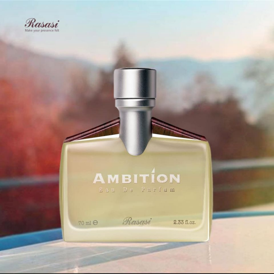 Rasasi Ambition for Men EDP 70ml in velvet pouch, showcasing the perfume bottle with elegant packaging and branding.