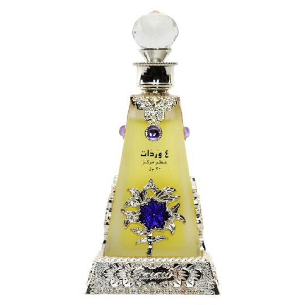 Rasasi Arba Wardat perfume oil bottle with velvet pouch, 30 ML, showcasing elegant glass container for concentrated perfume oil.