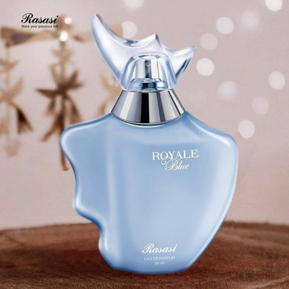 Royale Blue for Women Rasasi Eau De Parfum 50ml bottle, elegant packaging and floral fragrance design.