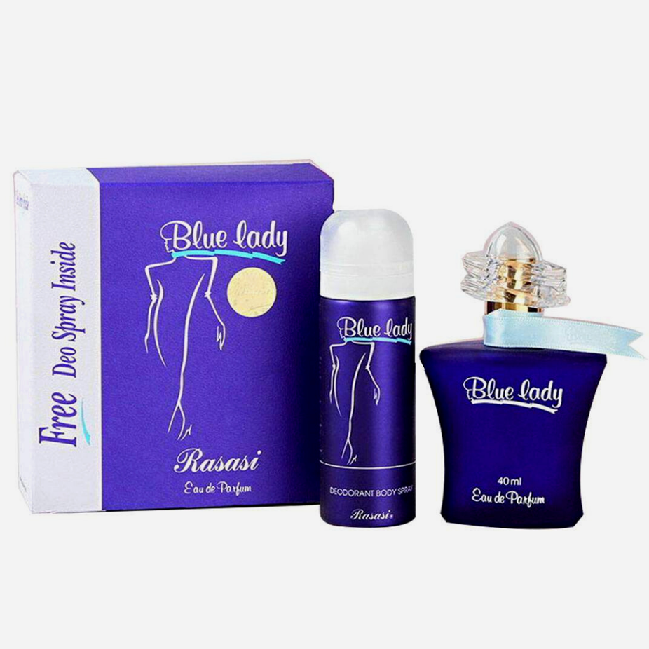 Blue Lady with Deo EDP bundle by Rasasi, featuring a 40ML perfume bottle and matching deodorant in a colorful gift set.