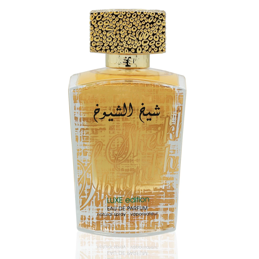 Lattafa Sheikh Al Shuyukh Luxe EDP 100ML bottle with velvet pouch, elegant fragrance bottle for women and men.