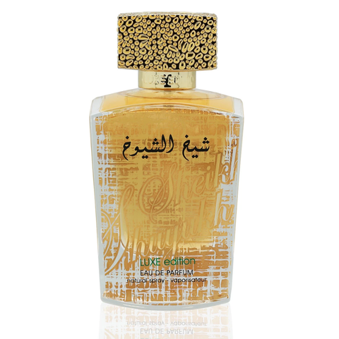 Lattafa Sheikh Al Shuyukh Luxe EDP 100ML bottle with velvet pouch, elegant fragrance bottle for women and men.