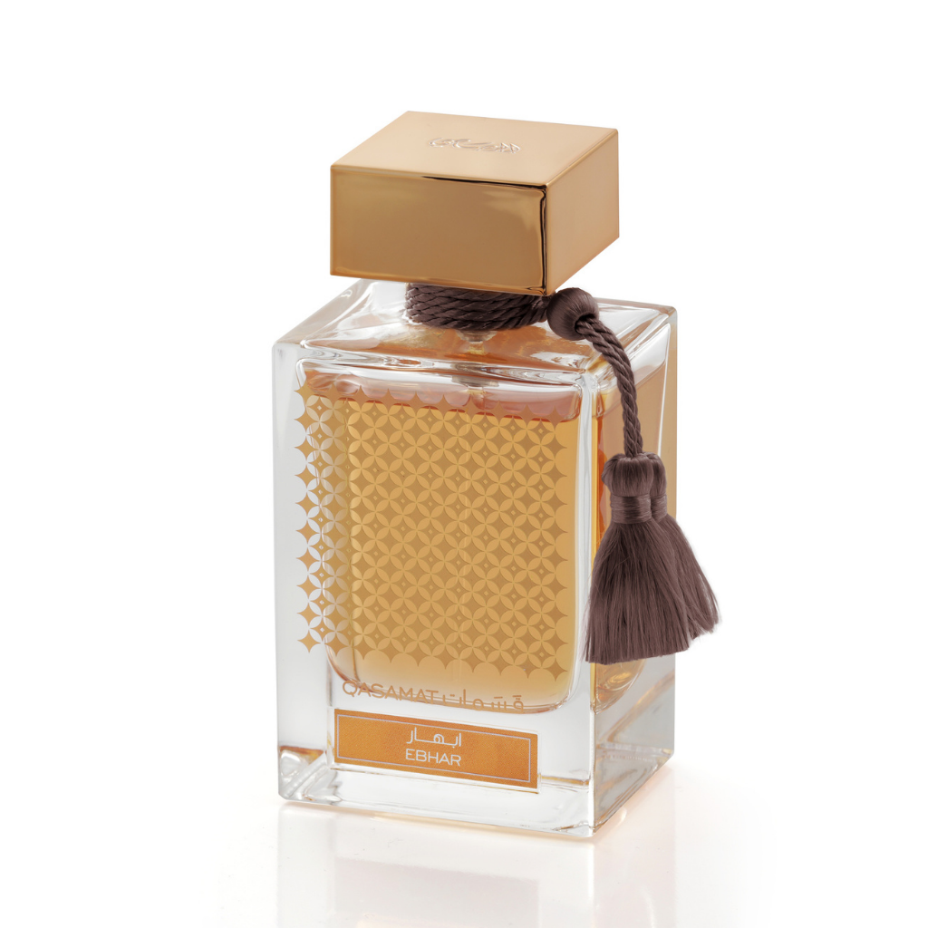 Rasasi Qasamat Ebhar EDP perfume bottle with velvet pouch, 65ML (2.1 oz), elegant fragrance packaging and design
