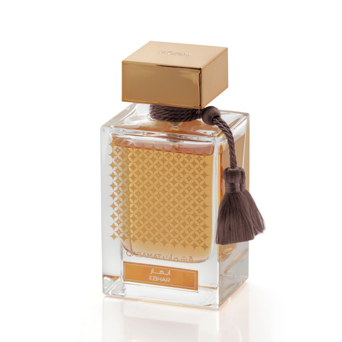 Rasasi Qasamat Ebhar EDP perfume bottle with velvet pouch, 65ML (2.1 oz), elegant fragrance packaging and design
