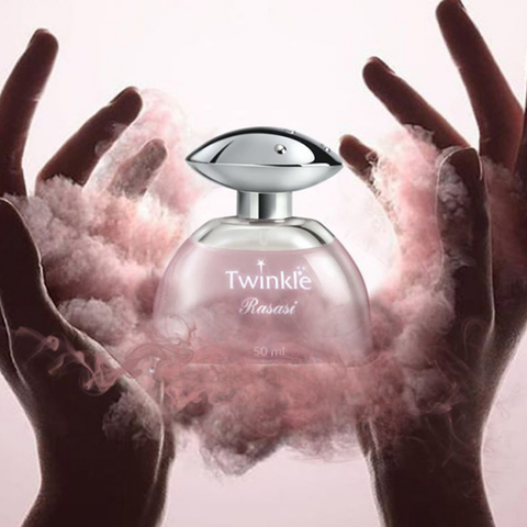 Rasasi Twinkle for Women EDP 50ML in a velvet pouch, featuring a sleek perfume bottle with elegant design.