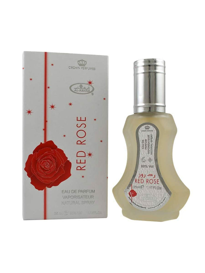 Red Rose EDP 35ml by Al Rehab, floral perfume bottle with red rose design and clear cap, elegant and compact fragrance spray