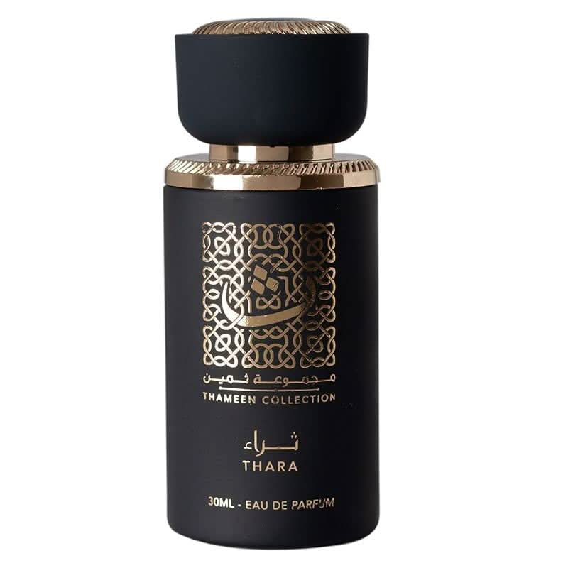 Lattafa Thara EDP Eau De Parfum 30mL perfume bottle with elegant packaging and sleek design.