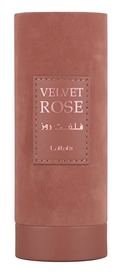 Lattafa Velvet Rose Eau de Parfum 100ml bottle with elegant rose design and dark pink accents.