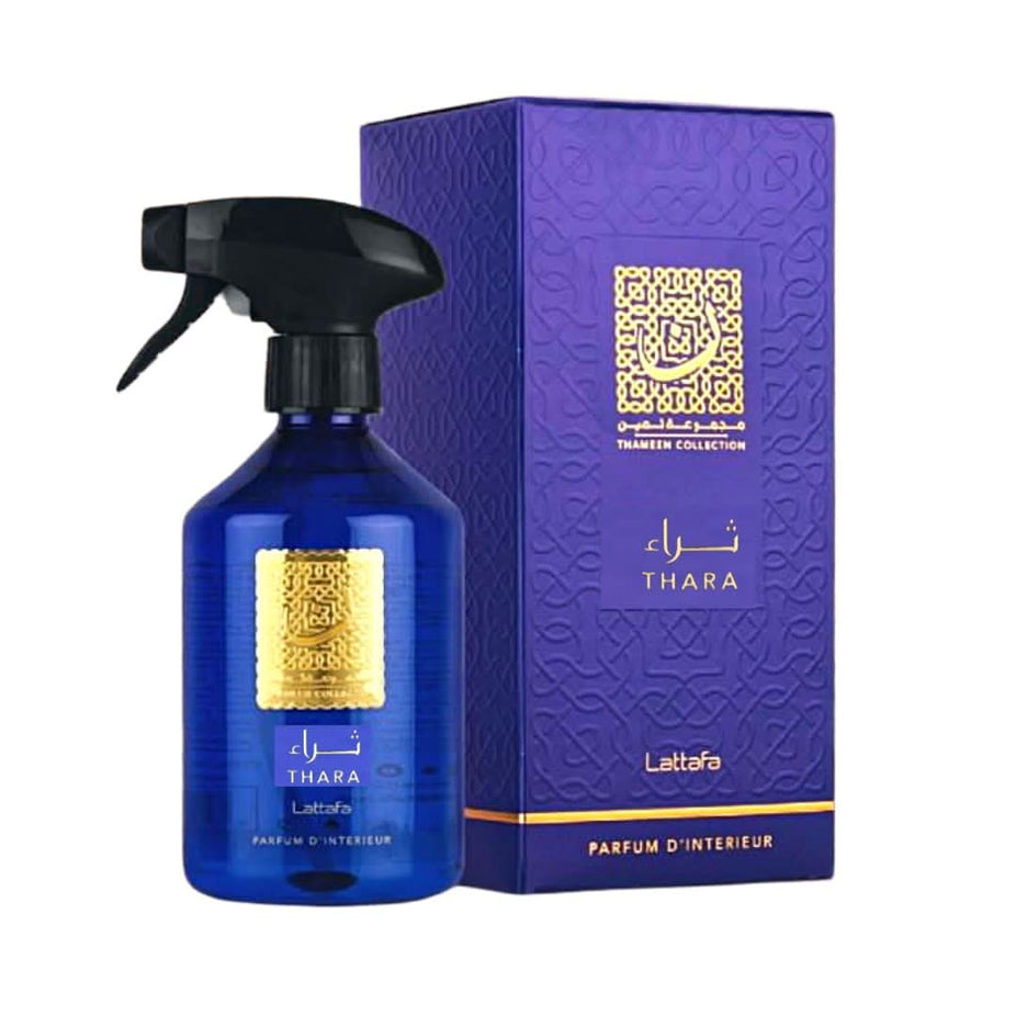 Lattafa Thara Parfum D'Interieur air freshener spray in 500ml bottle, elegant design, ideal for home and interior freshness.