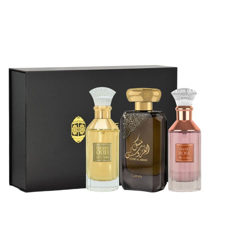 Lattafa Velvet Rose, Musk Al Aroos, Velvet Oud perfume gift set in 100ml with magnetic gift box, elegant and luxurious packaging