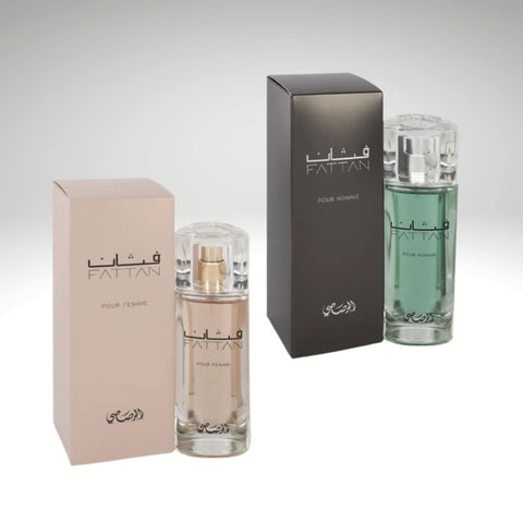 Rasasi Fattan Eau De Parfum for men and women in a 50ML spray bottle, featuring elegant floral and woody scent notes.
