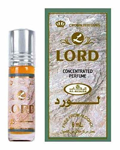 Al Rehab Lord 6ml concentrated perfume oil bottle with clear label and gold cap, showcasing elegant packaging.