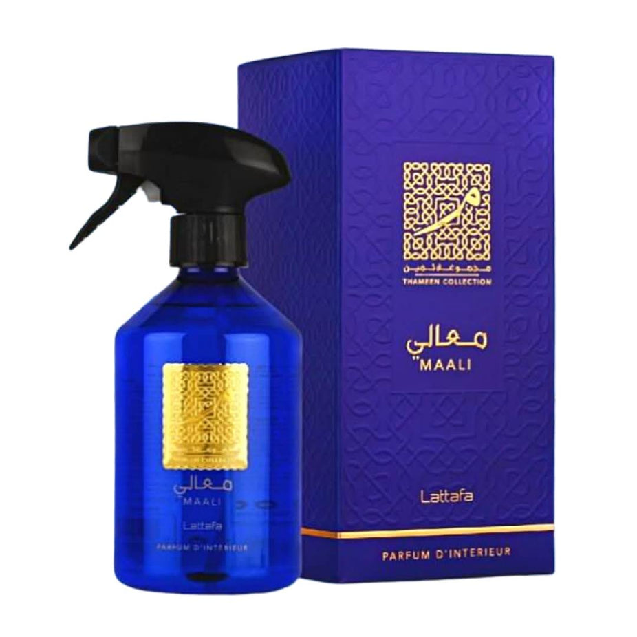 Lattafa Thameen Collection interior air freshener spray in a 500ml bottle, designed to freshen and scent indoor spaces.