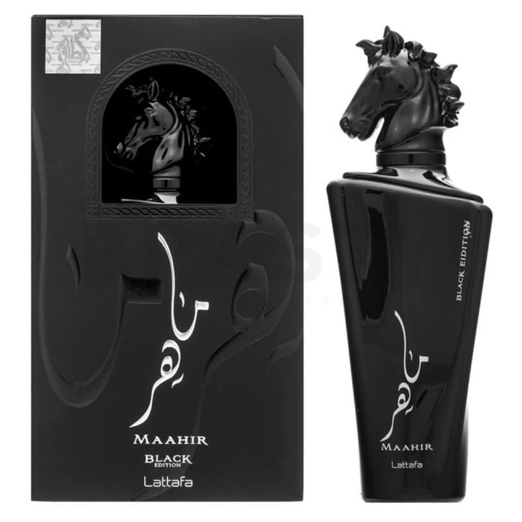 Lattafa Bade'e Al Oud for Glory, Maahir Black & Ana Abiyedh Rouge EDP bottles, 100ml Eau De Parfum with elegant packaging