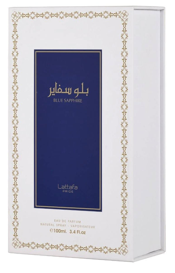 Blue Sapphire Eau De Parfum by Lattafa Pride in 100mL bottle, featuring a sleek blue glass design and elegant fragrance packaging.