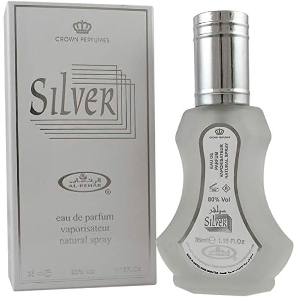 Silver EDP 35ml Eau De Parfum by Al Rehab, featuring a sleek silver bottle with a minimalist design.