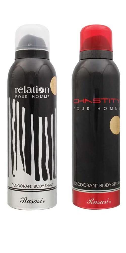 Rasasi Chastity & Relation deodorant for men in 200ml bottle, featuring sleek packaging and branding.
