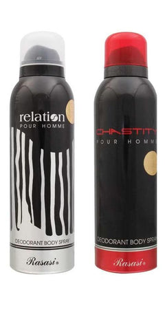 Rasasi Chastity & Relation deodorant for men in 200ml bottle, featuring sleek packaging and branding.