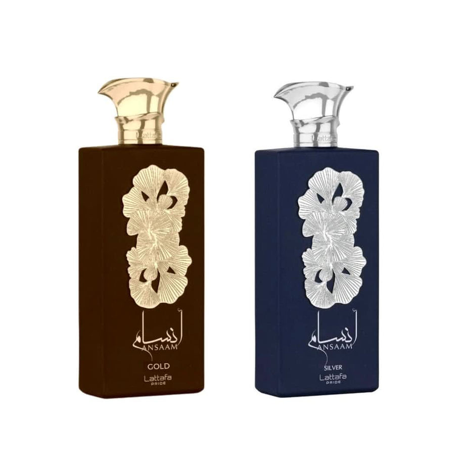 Lattafa Ansaam Gold & Silver Eau De Parfum 100ml bottle with elegant gold and silver design, showcasing luxury fragrance packaging.